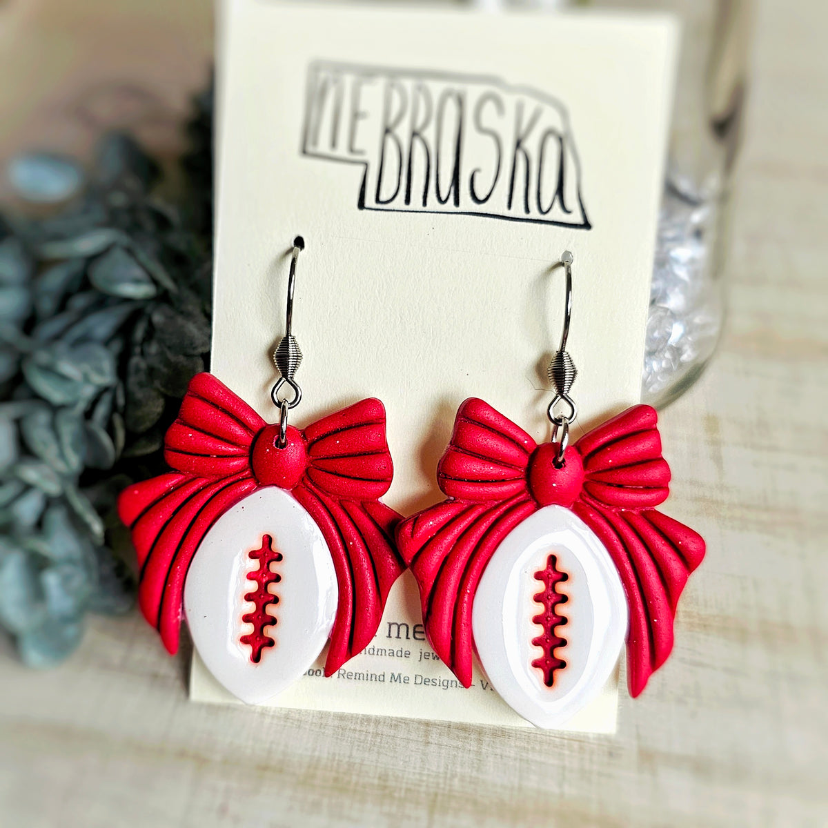 **MADE TO ORDER**Red and White Football Clay Dangle Earrings