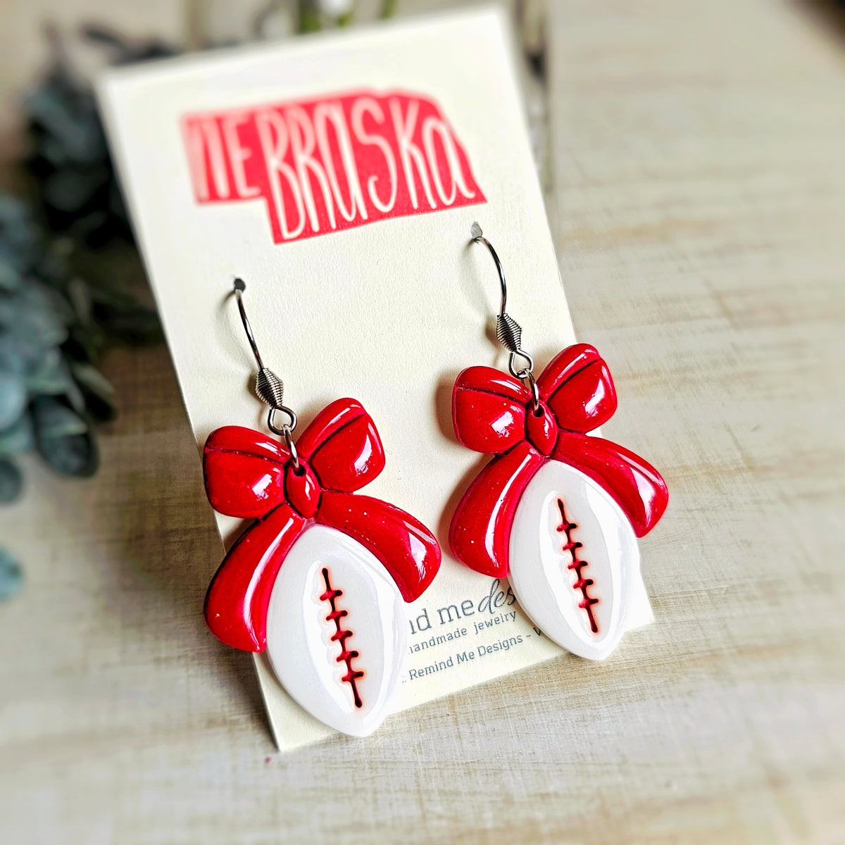 Red and White Football Clay Dangle Earrings