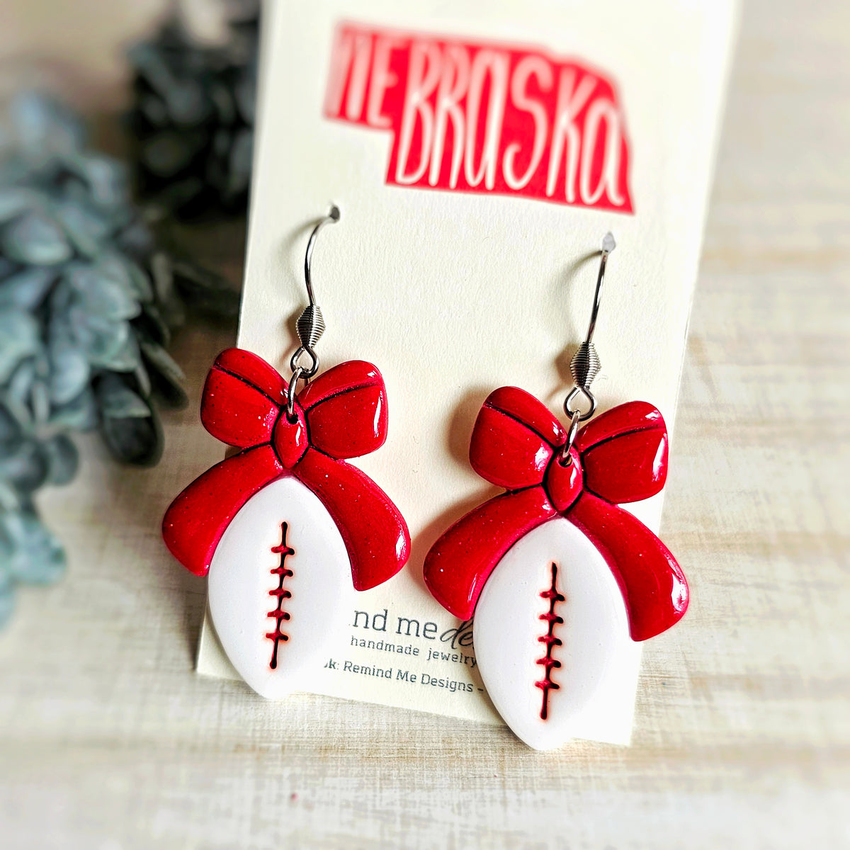 Red and White Football Clay Dangle Earrings