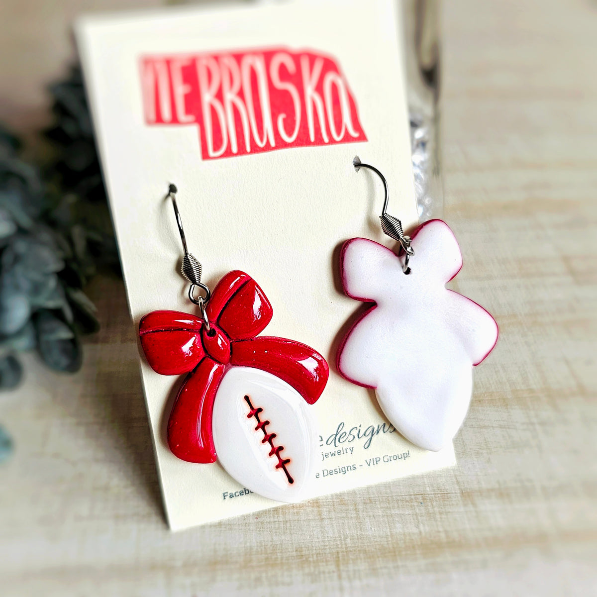 Red and White Football Clay Dangle Earrings