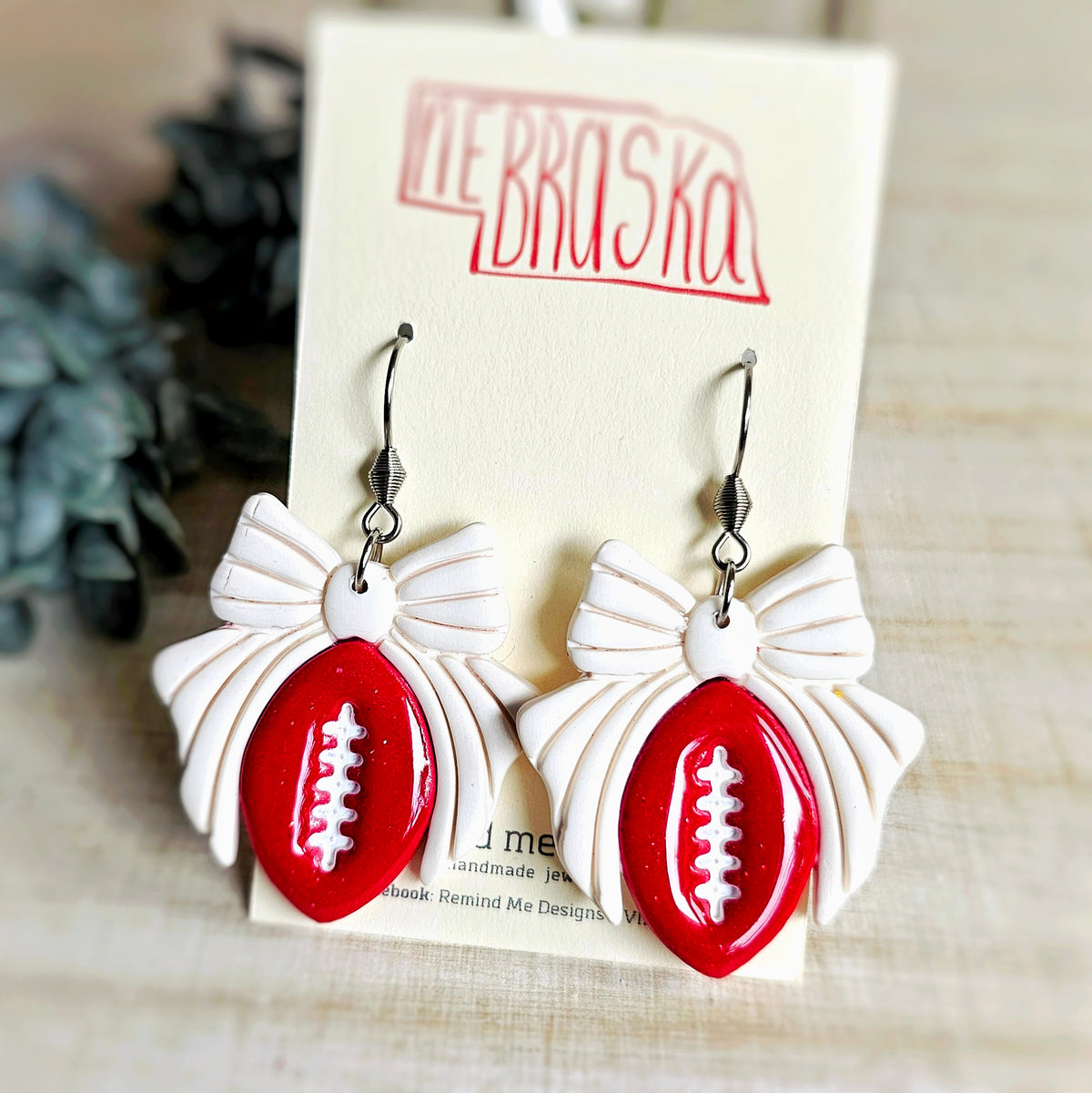 Red and White Football Clay Dangle Earrings