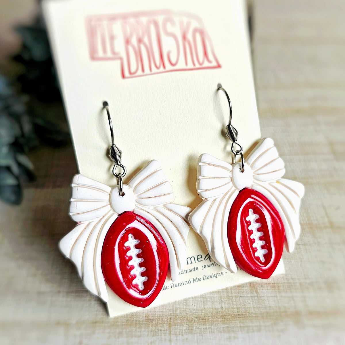 Red and White Football Clay Dangle Earrings