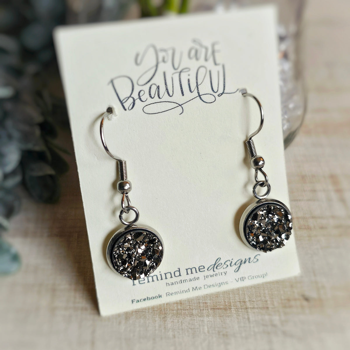 Gunmetal Silver Druzy Dangle Earrings