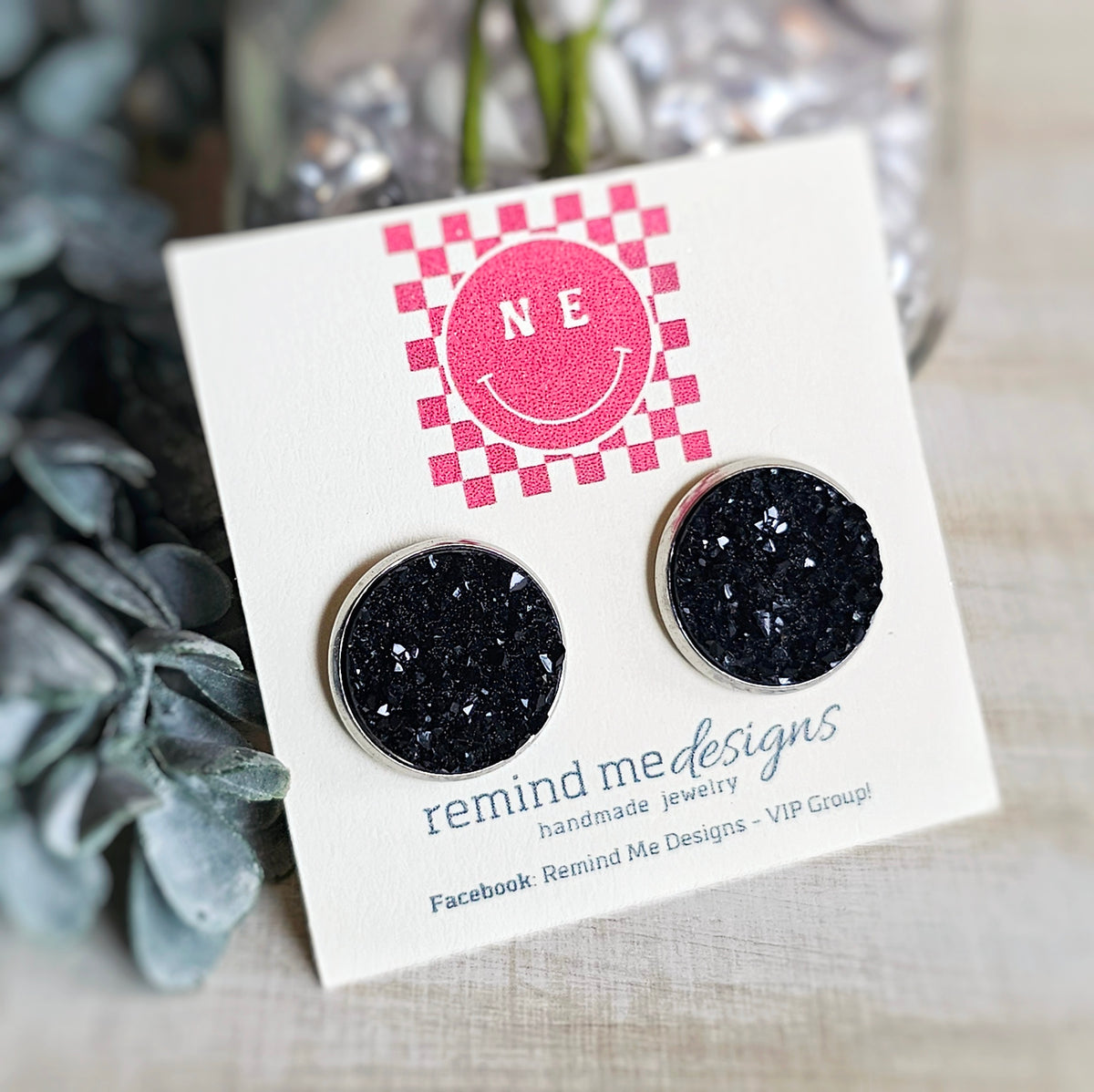 Black Druzy Stud Earrings