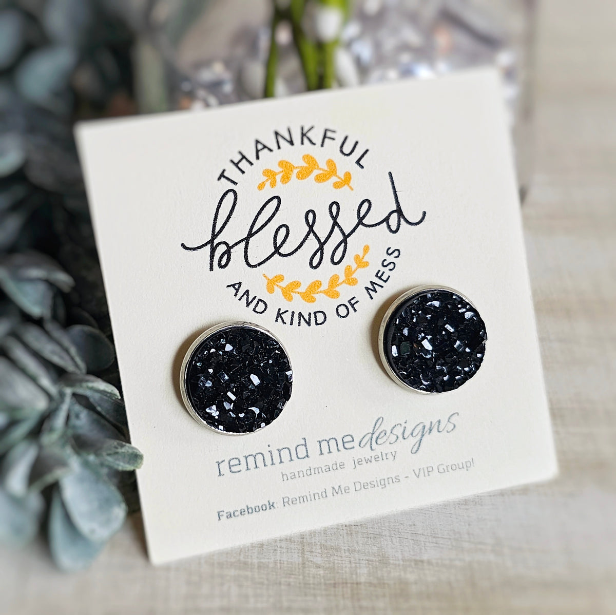 Black Druzy Stud Earrings
