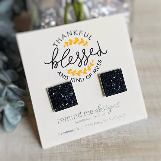 Black Square Druzy Stud Earrings