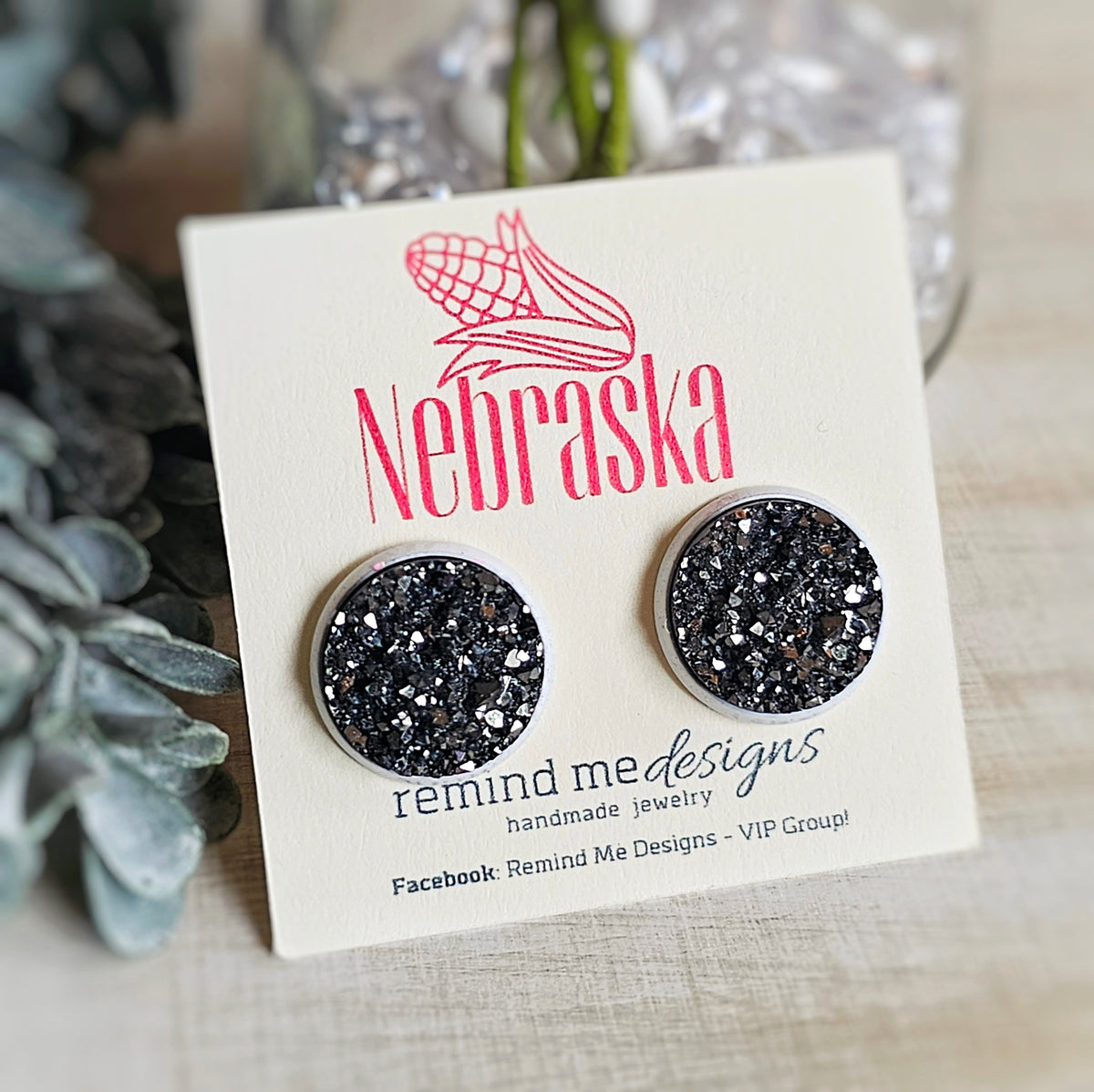 Gunmetal Silver Druzy Stud Earrings