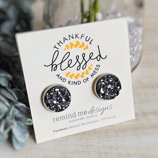 Gunmetal Silver Druzy Stud Earrings