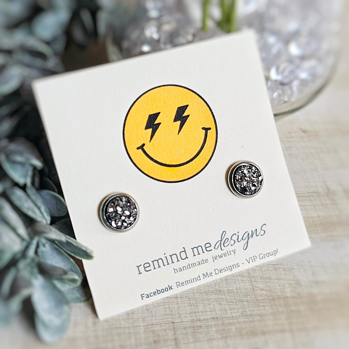 Gunmetal Silver Druzy Stud Earrings