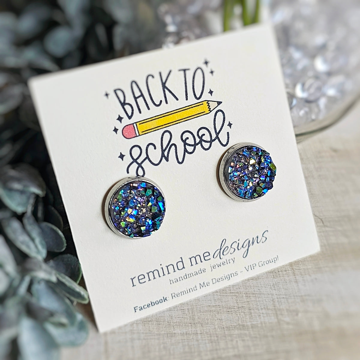 Iridescent Gunmetal Silver Druzy Stud Earrings