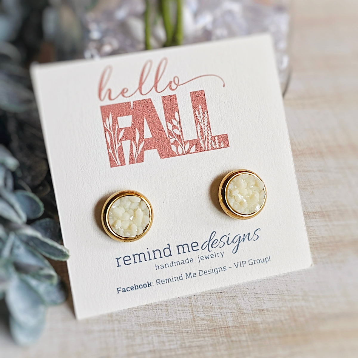 Cream and Gold Druzy Stud Earrings
