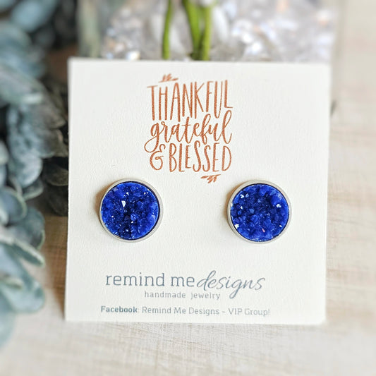Blue Druzy Stud Earrings