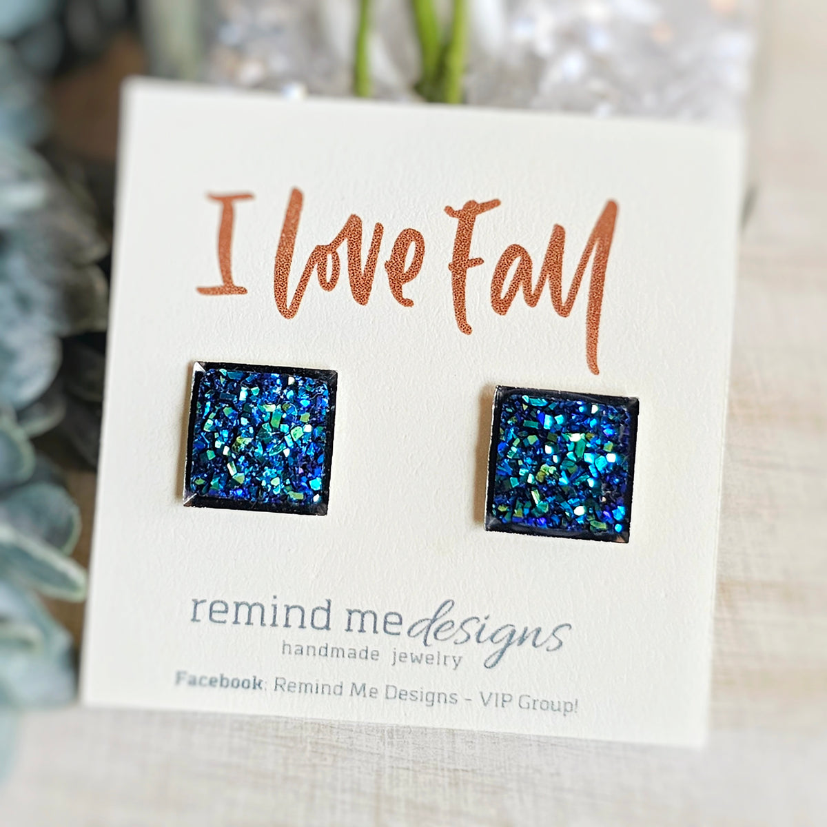 Blue Metallic Square Druzy Stud Earrings