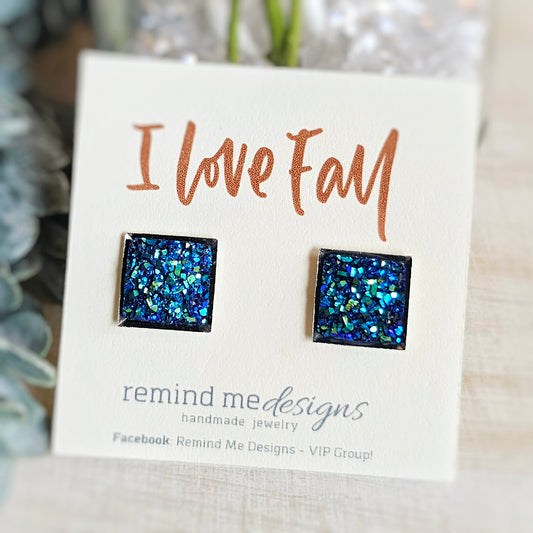 Blue Metallic Square Druzy Stud Earrings
