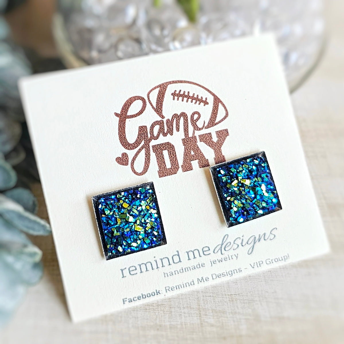 Metallic Blue and Green Square Druzy Stud Earrings