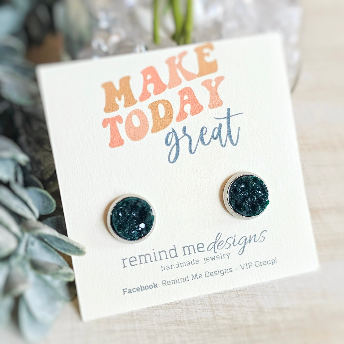 Dark Green Druzy Stud Earrings