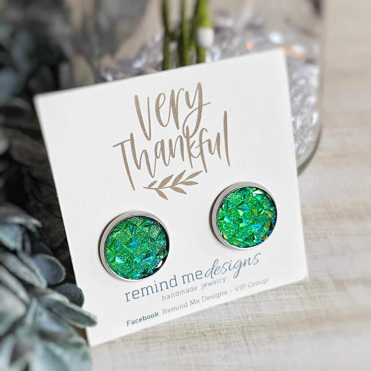 Green Druzy Stud Earrings
