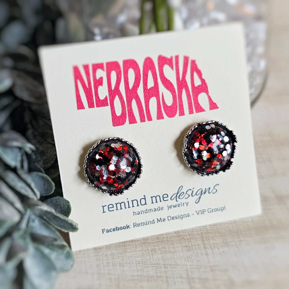 Red Black and Silver Glitter Stud Earrings