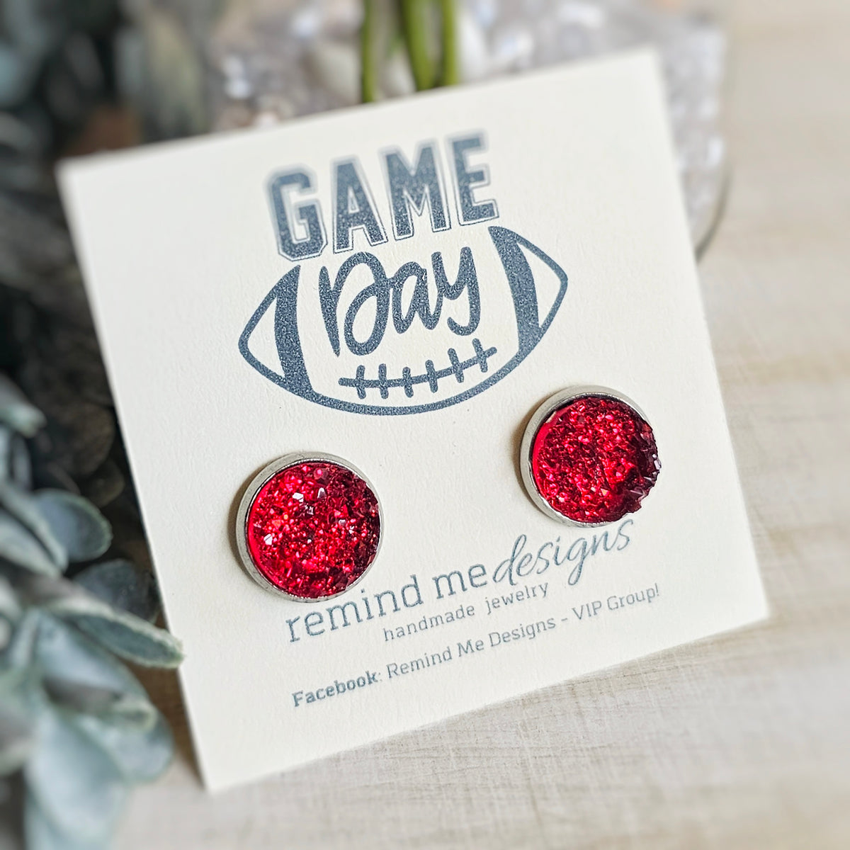 Red Druzy Stud Earrings