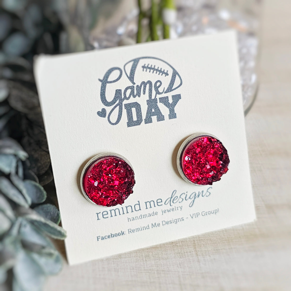Red Druzy Stud Earrings