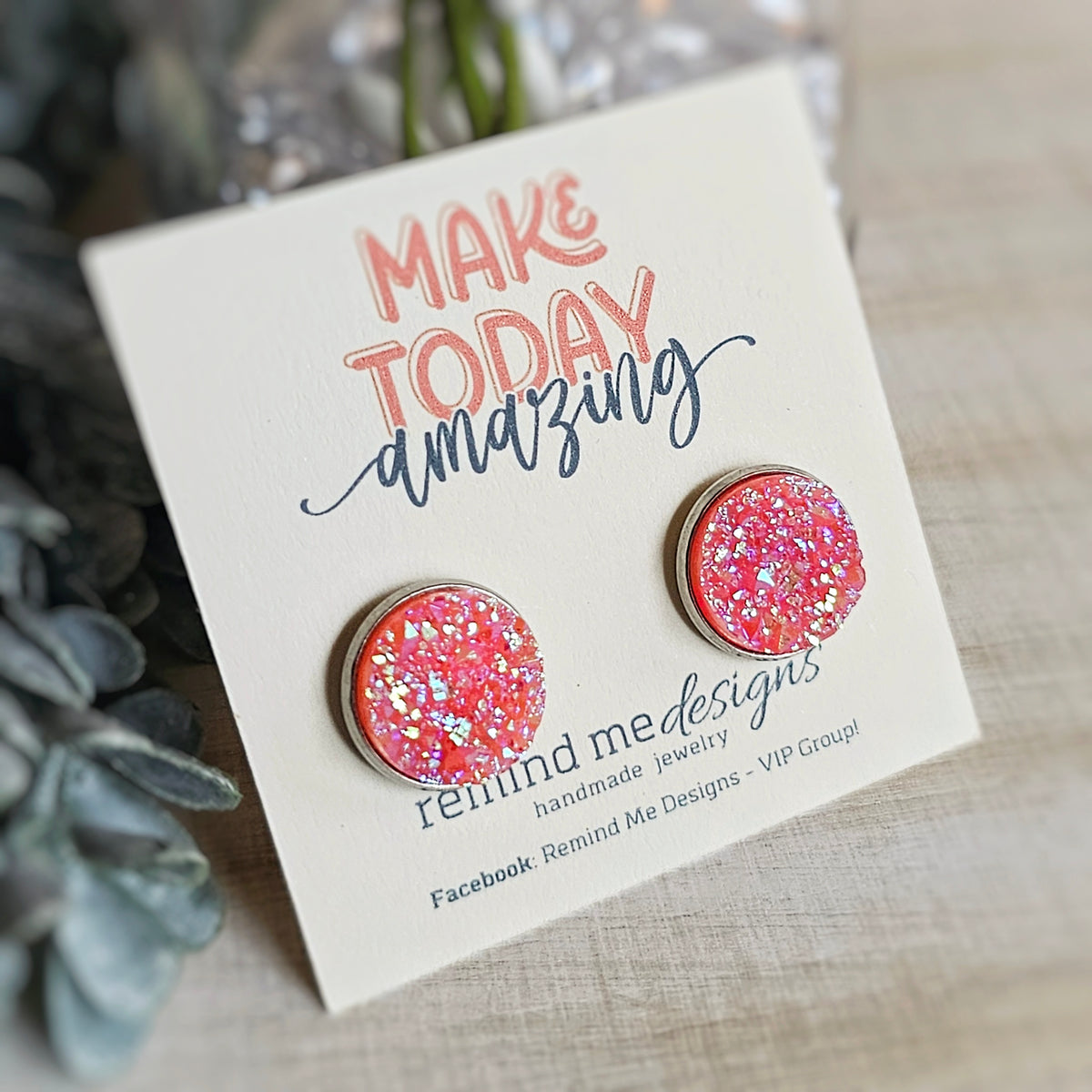Iridescent Coral Pink Druzy Stud Earrings