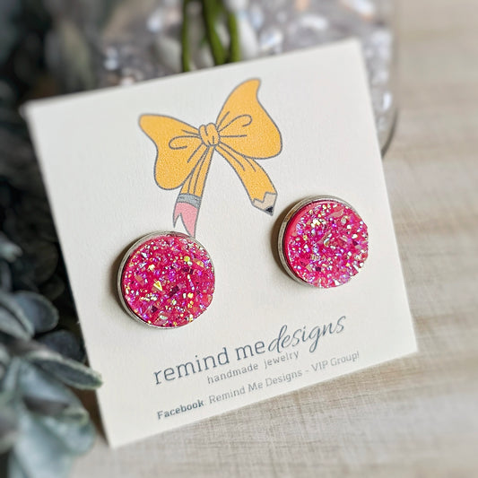 Iridescent Pink Druzy Stud Earrings