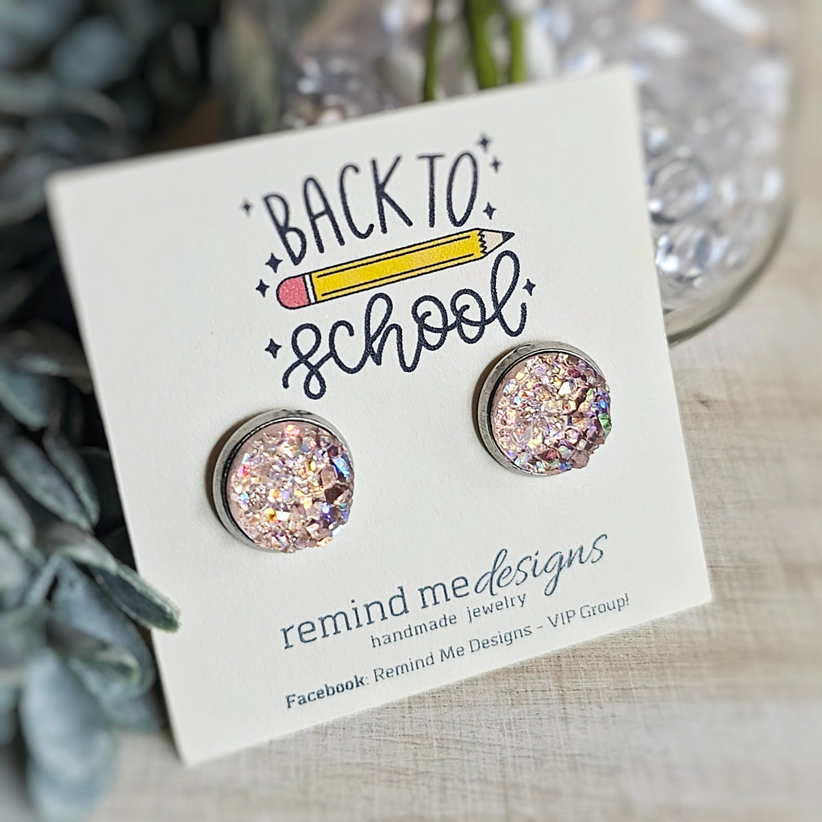 Iridescent Pale Pink Druzy Stud Earrings