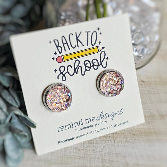 Iridescent Pale Pink Druzy Stud Earrings