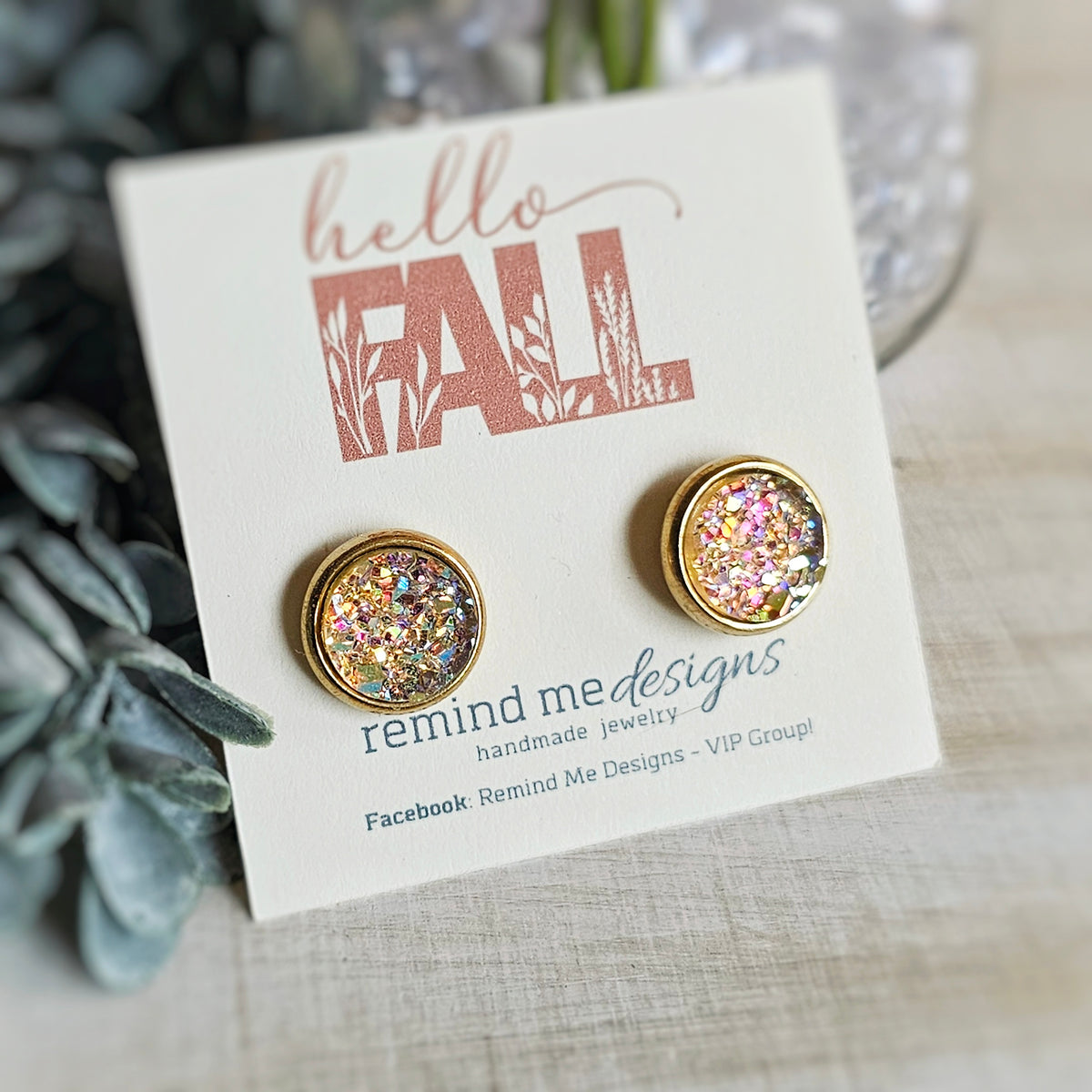 Gold and Iridescent Pale Pink Druzy Stud Earrings