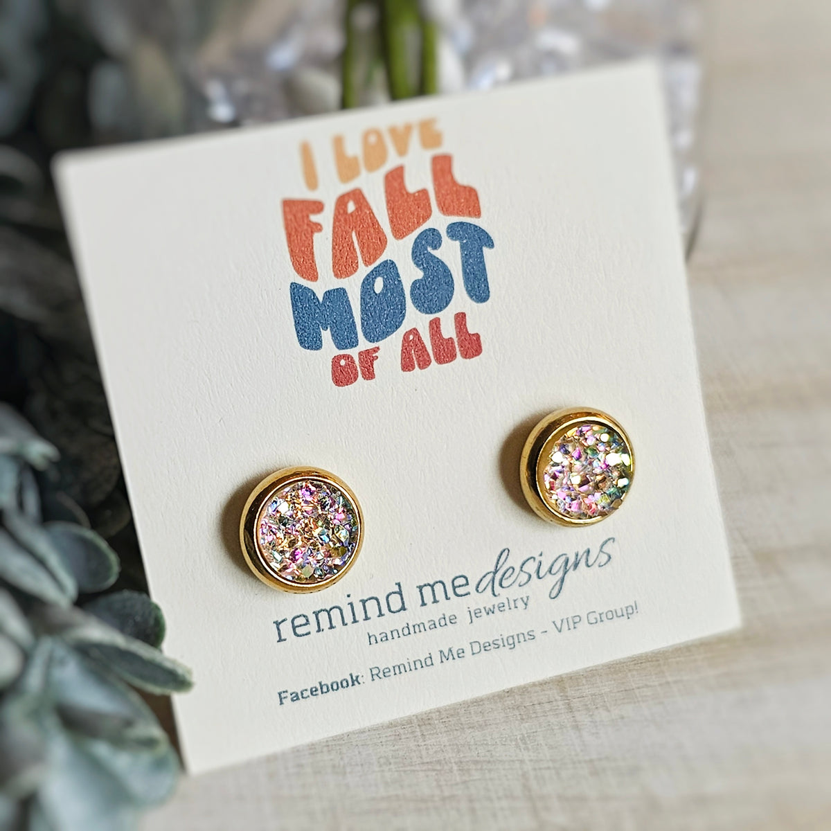 Gold and Iridescent Pale Pink Druzy Stud Earrings