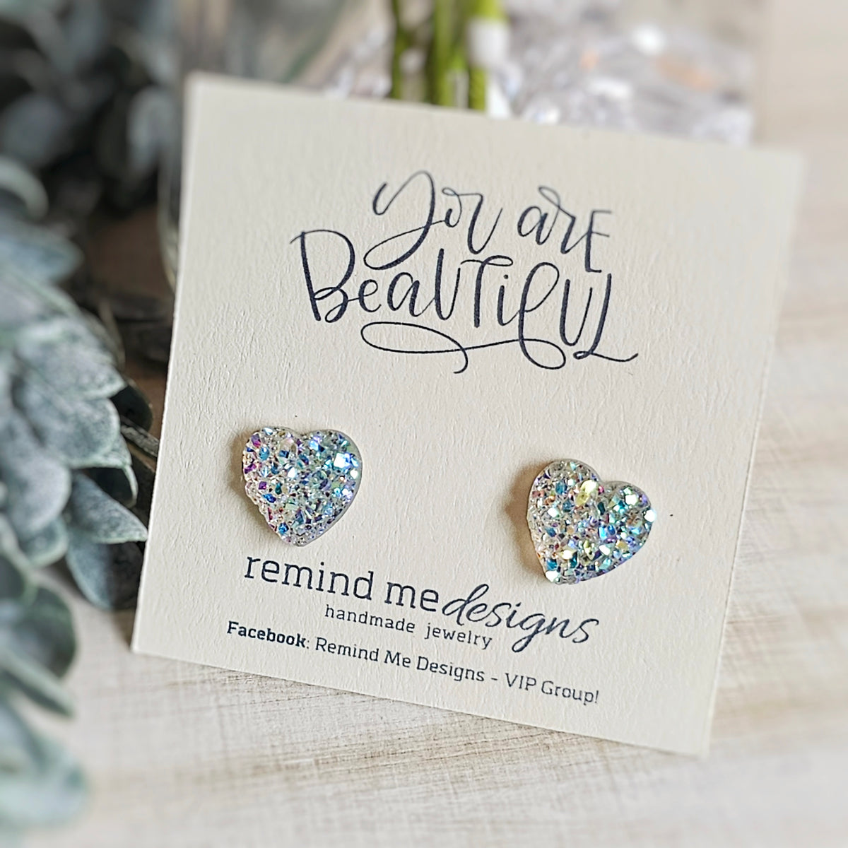 Iridescent Heart Druzy Stud Earrings