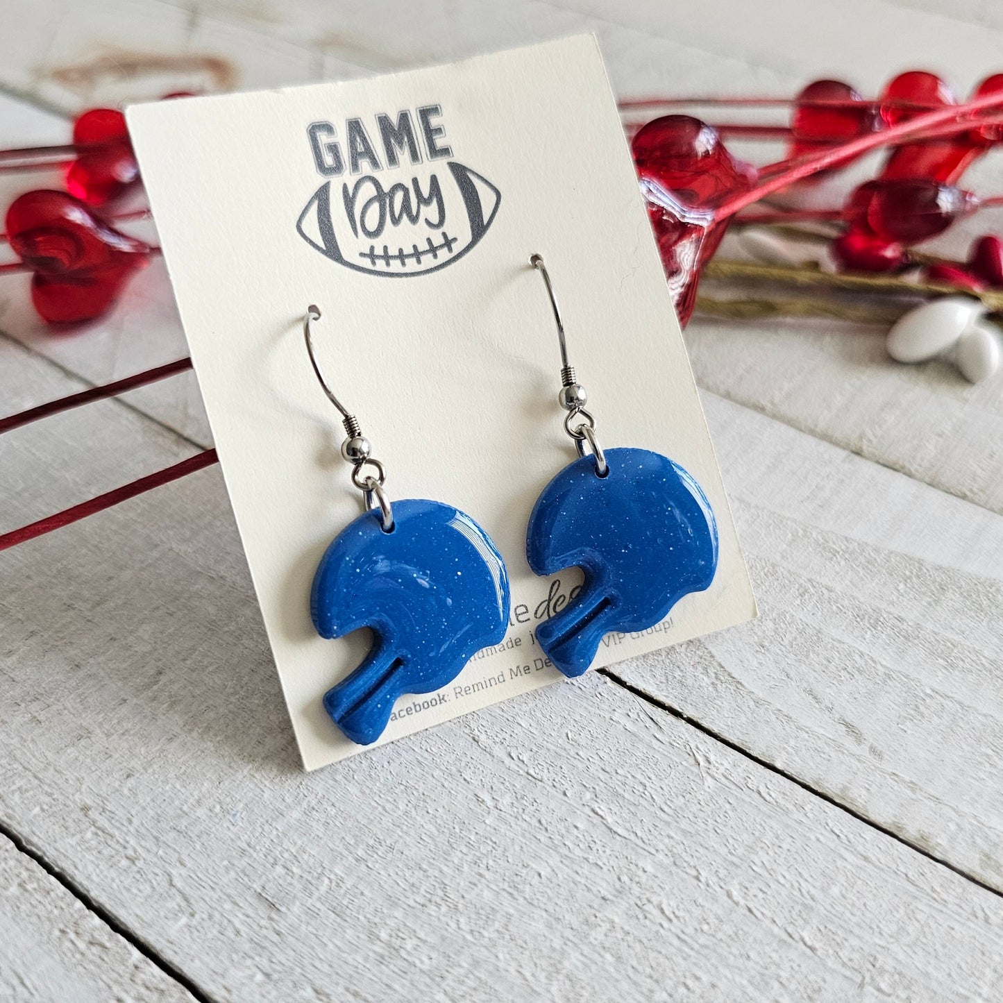 Blue Football Helmet Polymer Clay Dangle Earrings
