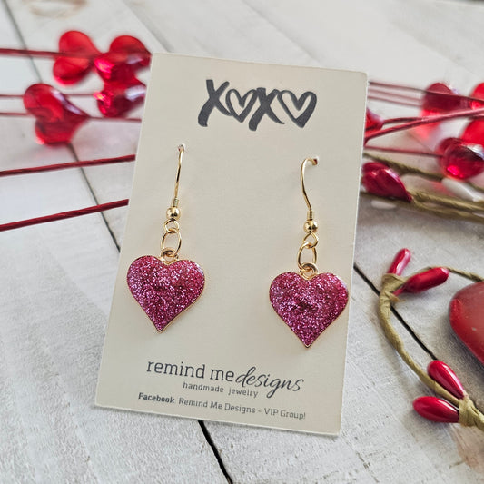 Pink Glitter Heart Charm Dangle Earrings