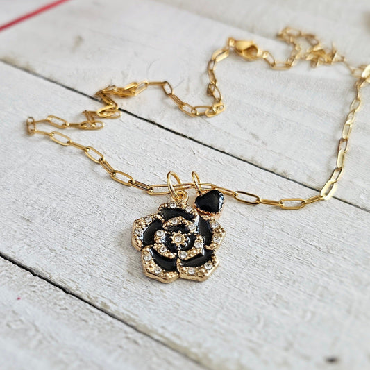 Rhinestone Black Flower Charm Necklace