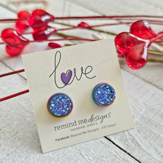 Light Purple Iridescent Druzy Stud Earrings