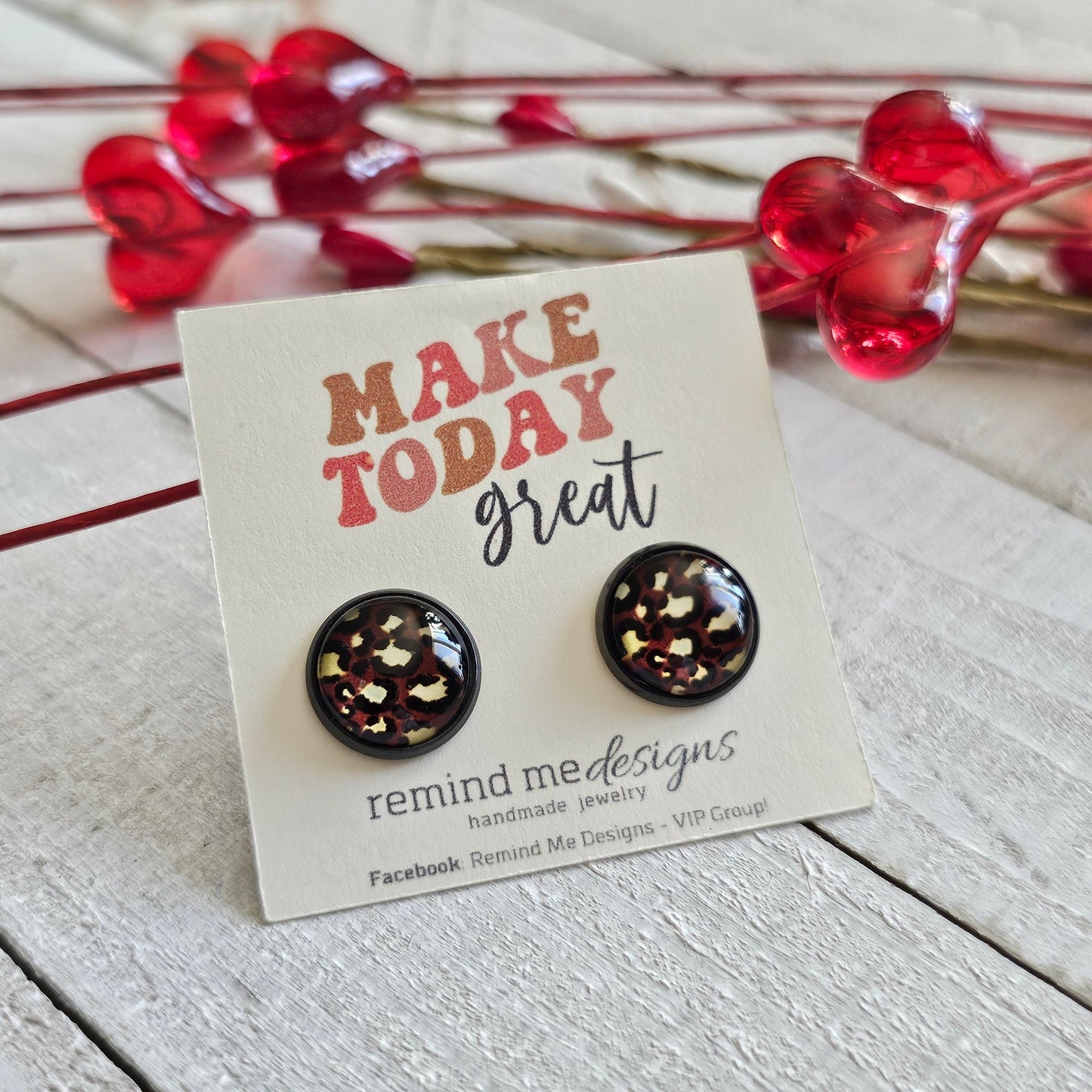 Brown/Maroon Leopard Print Glass Cabochon Stud Earrings