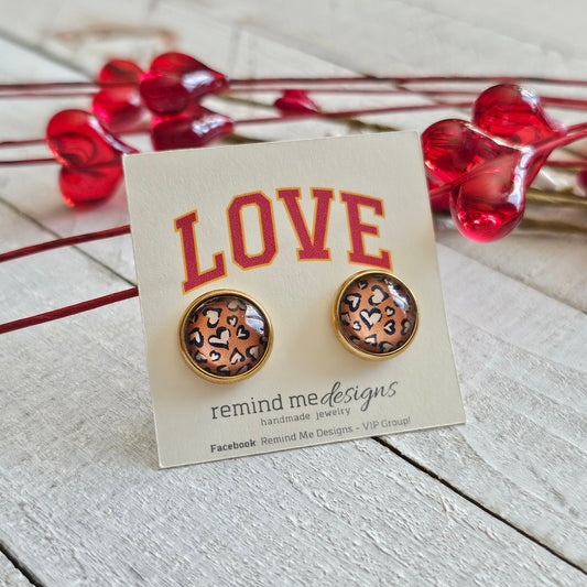 Brown Heart Leopard Print Glass Cabochon Stud Earrings