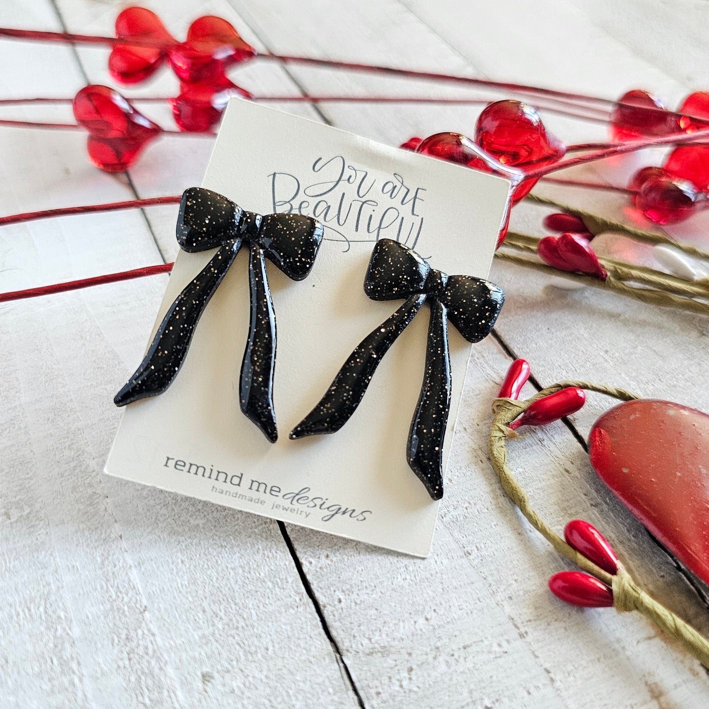 Black Polymer Clay Bow Dangle Earrings