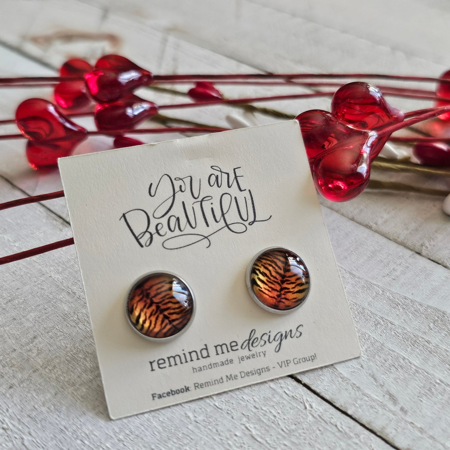 Orange Tiger Stripe Glass Cabochon Stud Earrings