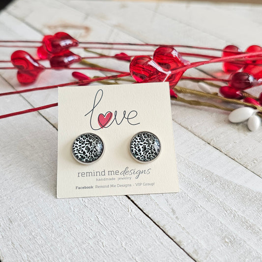 Black and White Leopard Print Glass Cabochon Stud Earrings