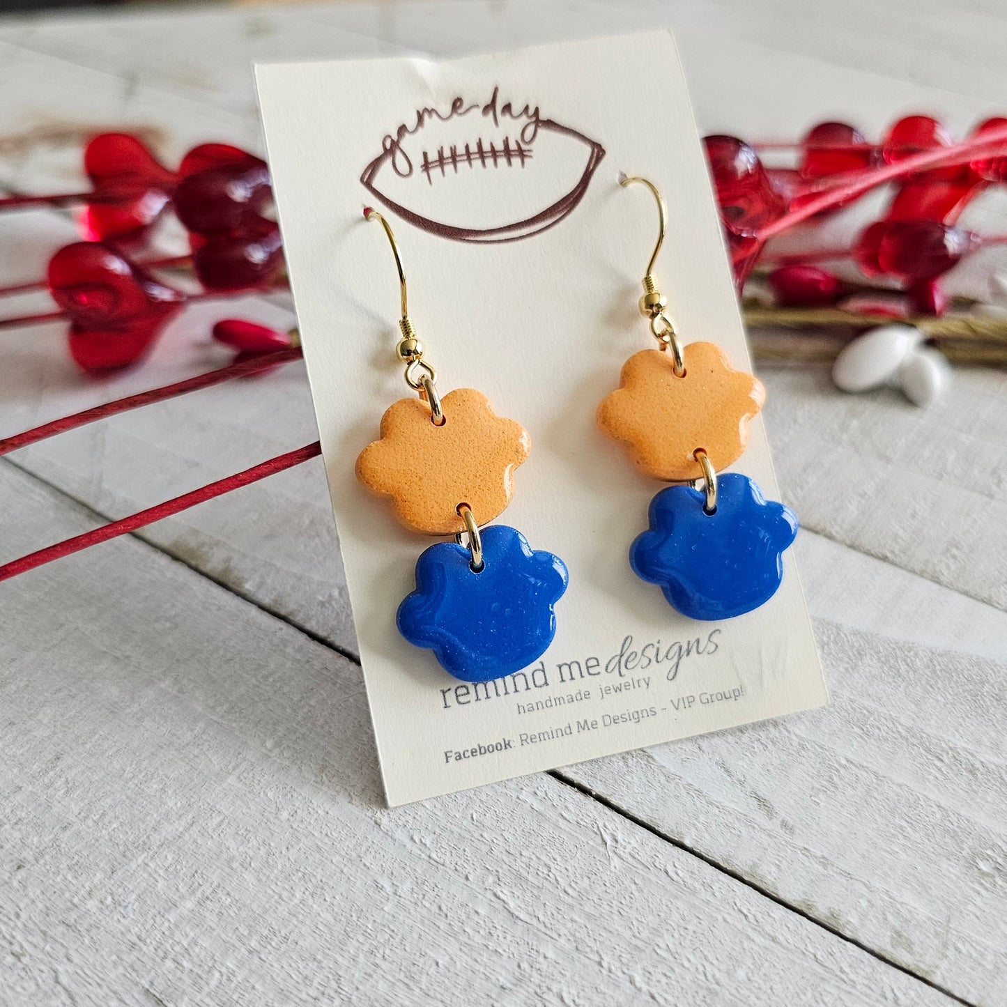 Blue & Gold Paw Polymer Clay Dangle Earrings