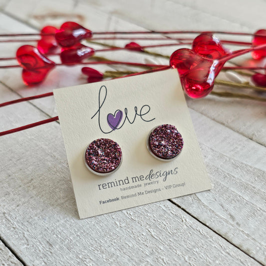 Purple and Pink Glitter Druzy Stud Earrings