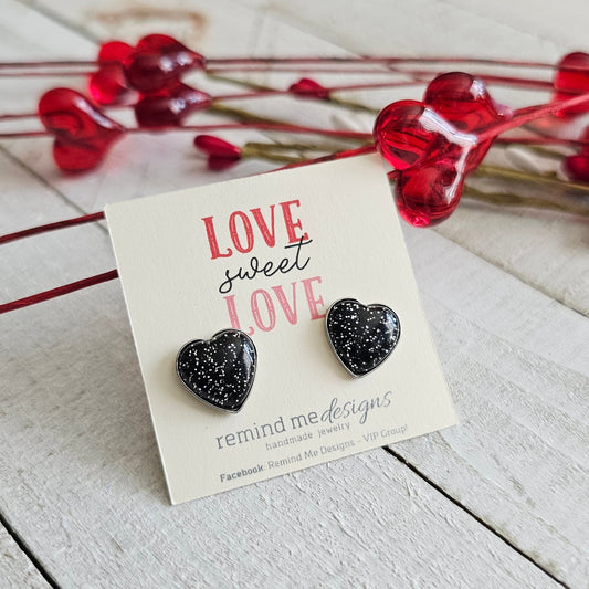 Black Glitter Resin Heart Stud Earrings