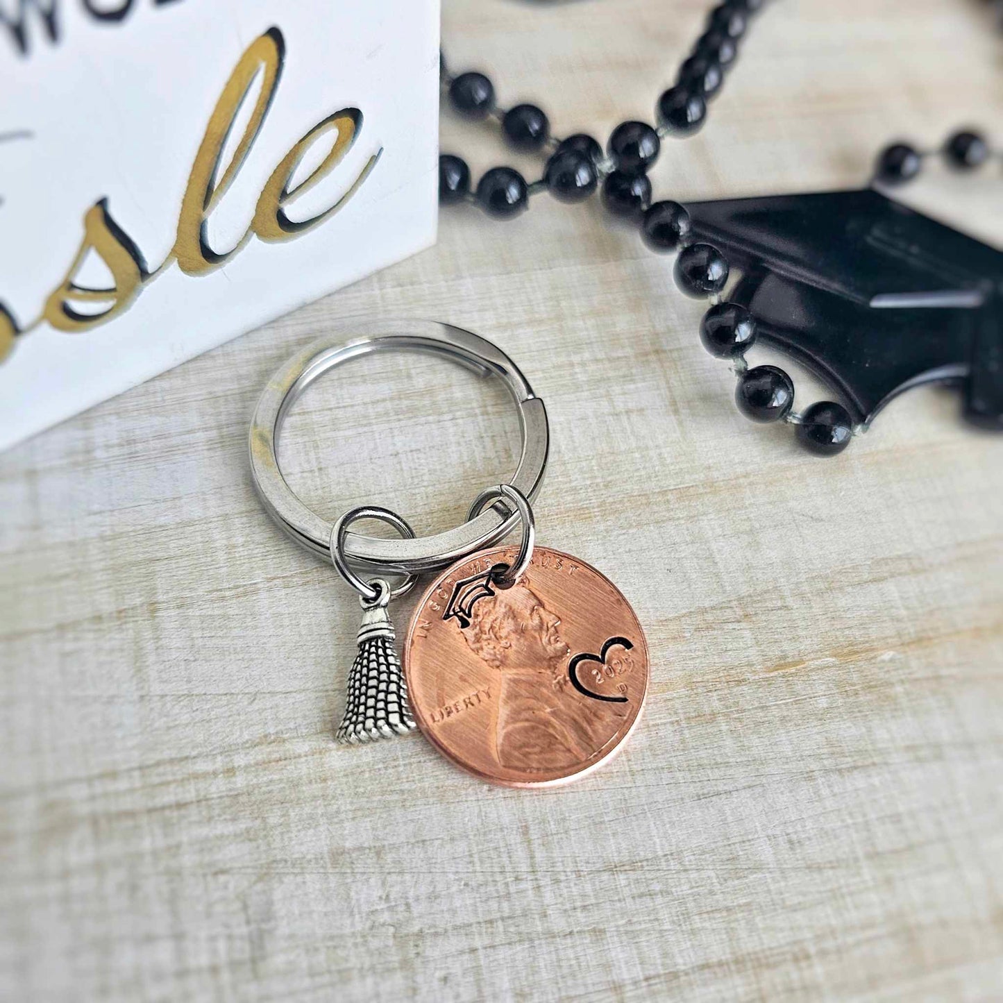 Heart 2025 Penny Graduation Keychain with Tassel