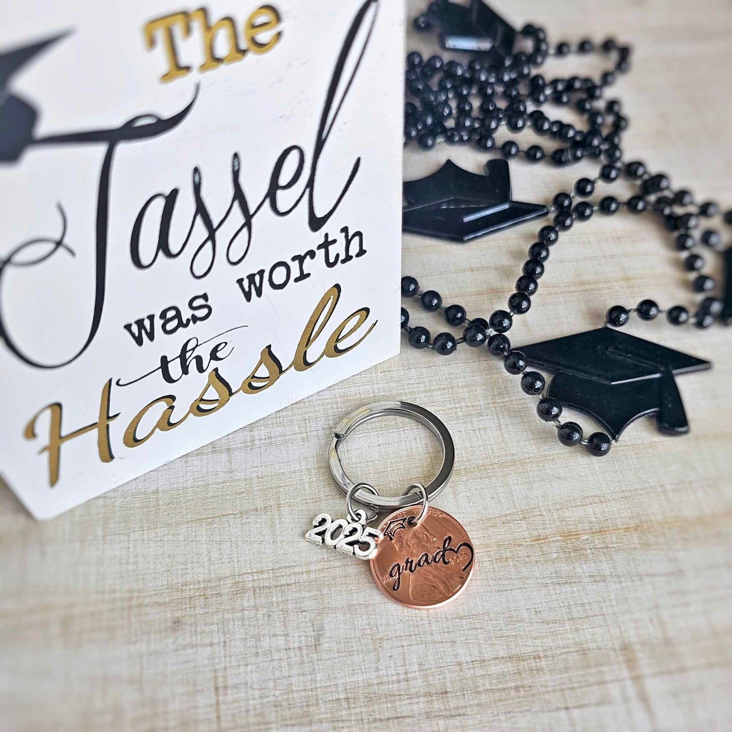 Cursive "grad" 2025 Penny Graduation Keychain with heart