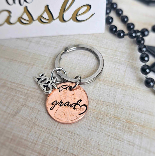 Cursive "grad" 2025 Penny Graduation Keychain with heart